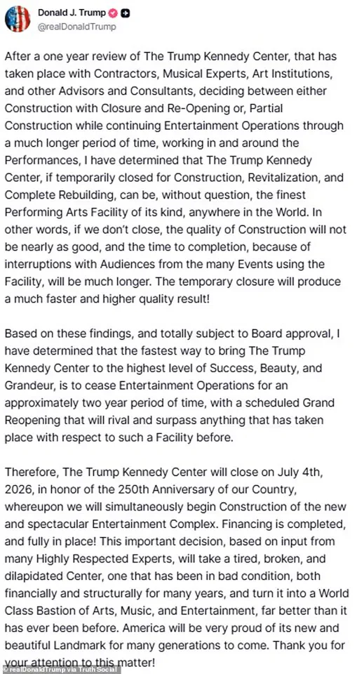 Trump Announces Two-Year Closure of Kennedy Center for 'Revitalization,' Renames Venue